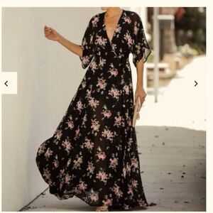 NEW Aakaa Every Rose Black Floral True Wrap Maxi Dress Size S Romantic